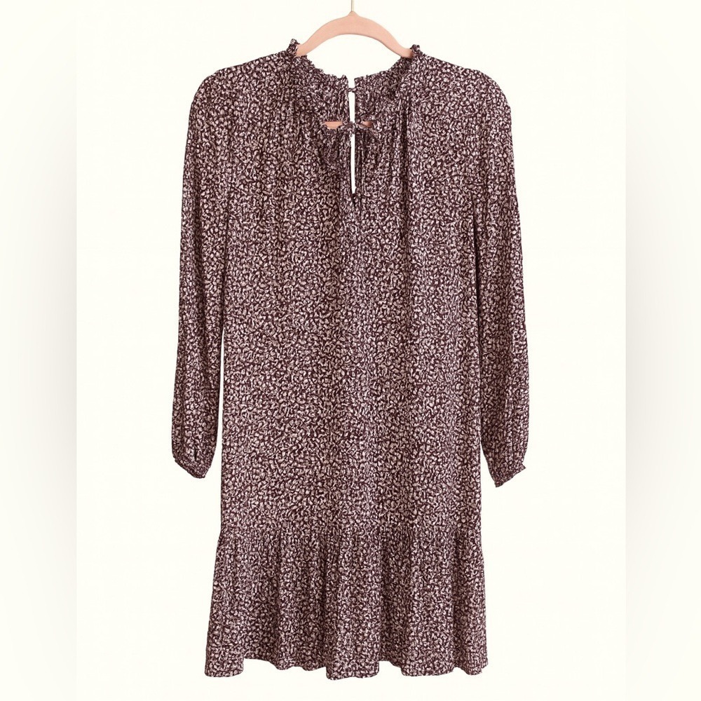 LOFT Plum Floral Ruffle Mini Dress Size 8 Tie Neck Long Sleeve Boho Fall